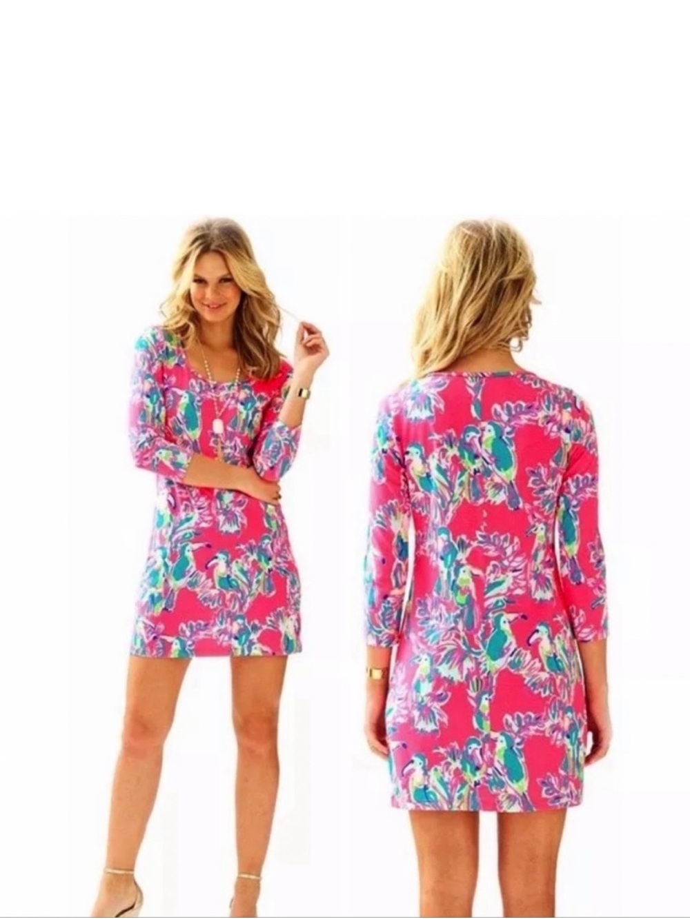 Lilly Pulitzer Beacon Neon Pink Tropical Toucan Long Sleeve Shift Dress Sz XS